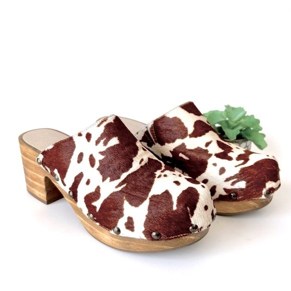 Free People Matisse Holly Cow Print Pony Hair Clog Heel Nailhead Platform Size 6 - Picture 1 of 12